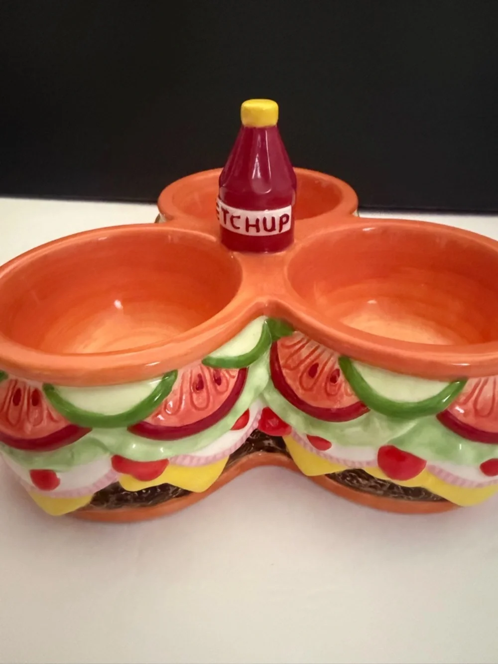 Ceramic Triple Dip Server Dish Cheeseburger with Ketchup Bottle